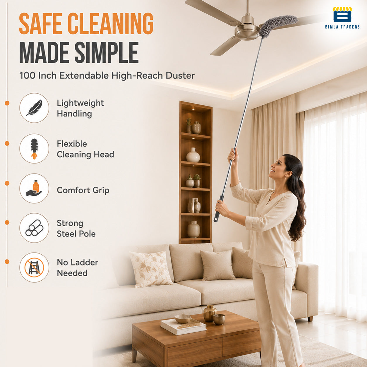 Bimla Traders Feather Duster Bendable & Extendable Fan Cleaning Duster with 100 inches Expandable Pole Handle Washable