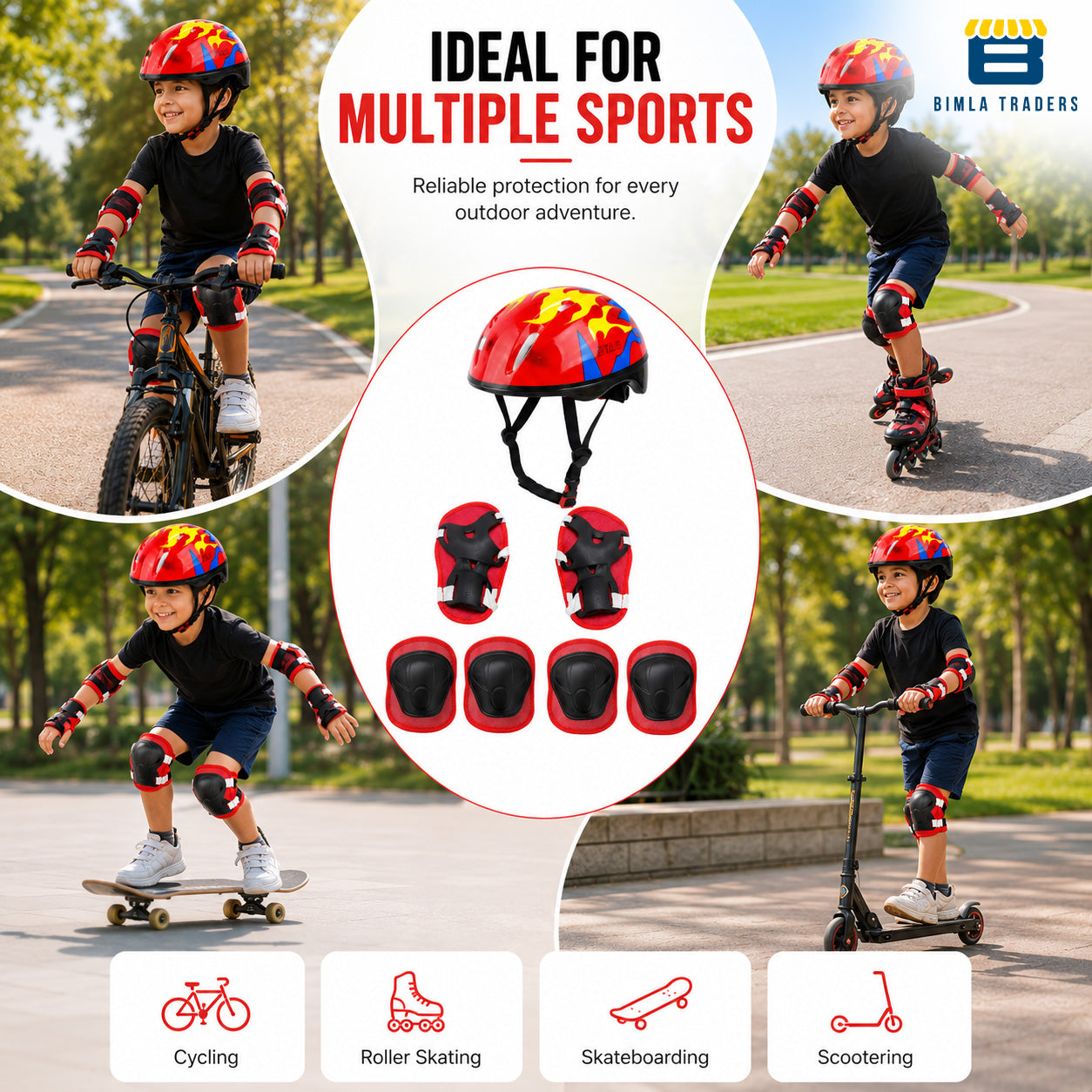 Bimla Traders Kids Safety Gear Set with Helmet | Knee Pads, Elbow Pads & Wrist Guards | Protective Kit for Skating & Cycling