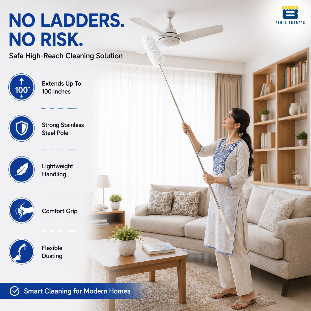 Bimla Traders Feather Duster Bendable & Extendable Fan Cleaning Duster with 100 inches Expandable Pole Handle Washable