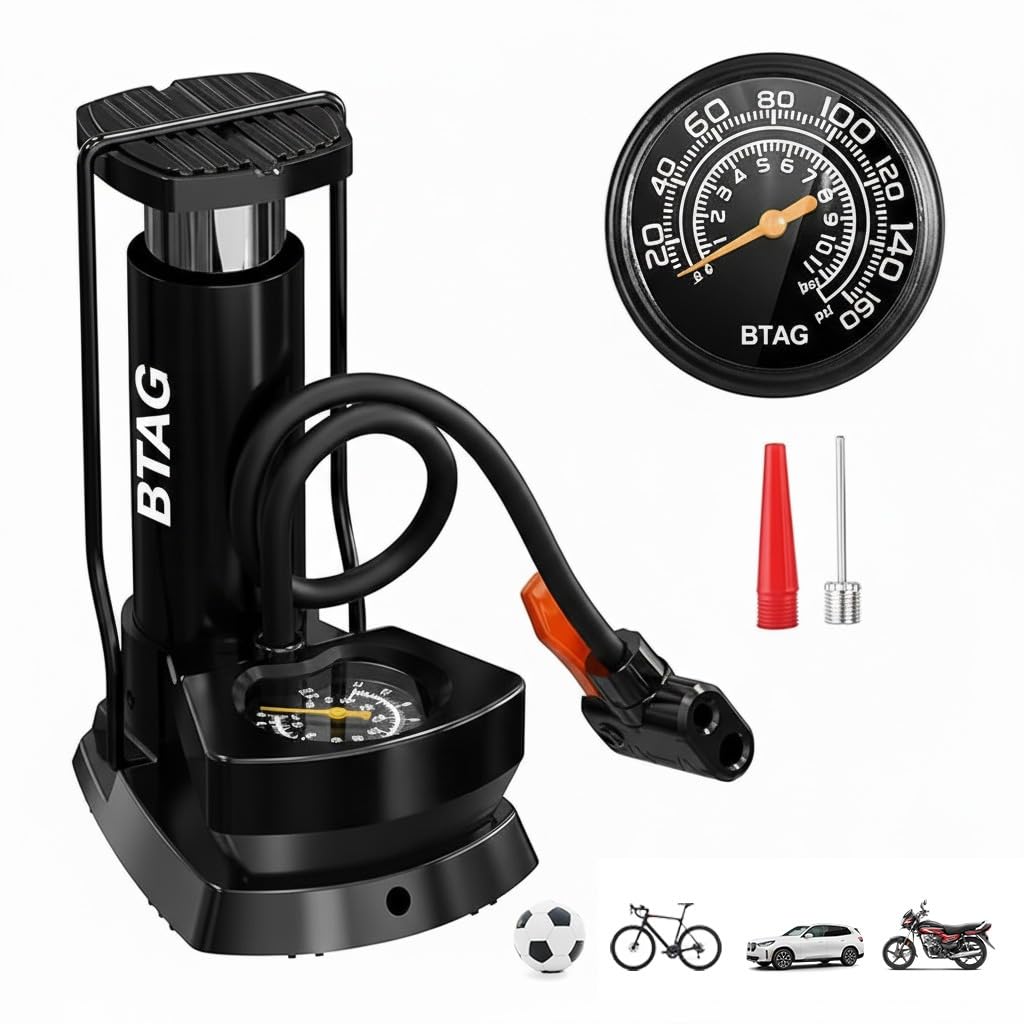 Bimla Traders High Pressure Foot Air Pump with Pressure Gauge – Portable Floor Compressor Cylinder for Car, Bike, Motorcycle, and Bicycle Tyres. Pack of 1 (AU003_Black)