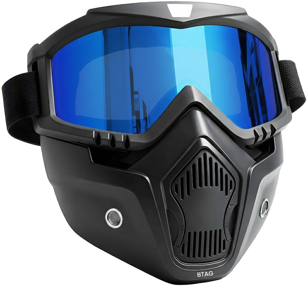 BTfash Anti Scratch UV Protective Motorcycle Face Mask with Detachable Goggles | Anti-Fog UV Protection Riding Mask with Removable Breathable Filter | Full Face Windproof Shield for Biking.(Blue)
