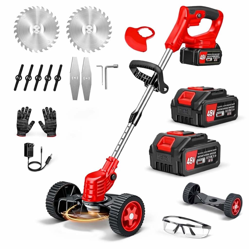 Bimla Traders 48V Cordless Electric String Trimmer & Lawn Edger with Wheels, Adjustable Handle, 2 Rechargeable Batteries, Steel & Plastic Blades, Grass Trimmer for Garden & Yard.