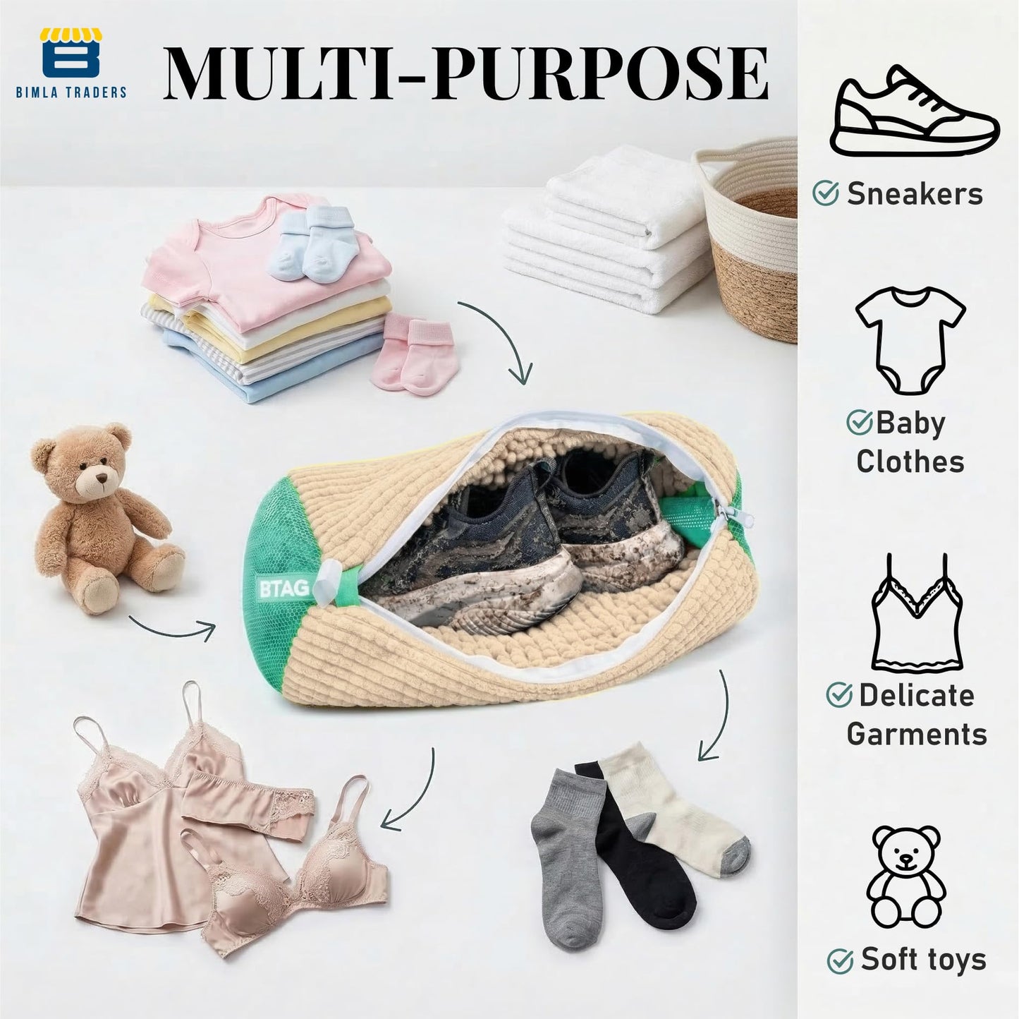 Bimla Traders Reusable Shoe Laundry Bag for Washing Machine & Dryer | Plush Zippered Washing Pouch for Sneakers, Baby Items & Delicates