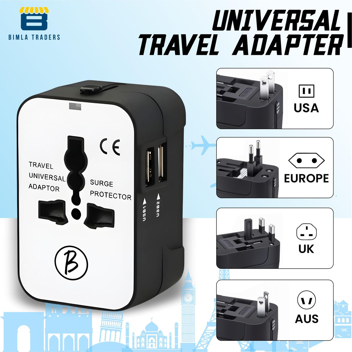 Btag Universal Travel Adapter All-in-One Worldwide Plug Adapter, International with Dual USB Ports , Multi-Country Power Outlet, Compact Adapter