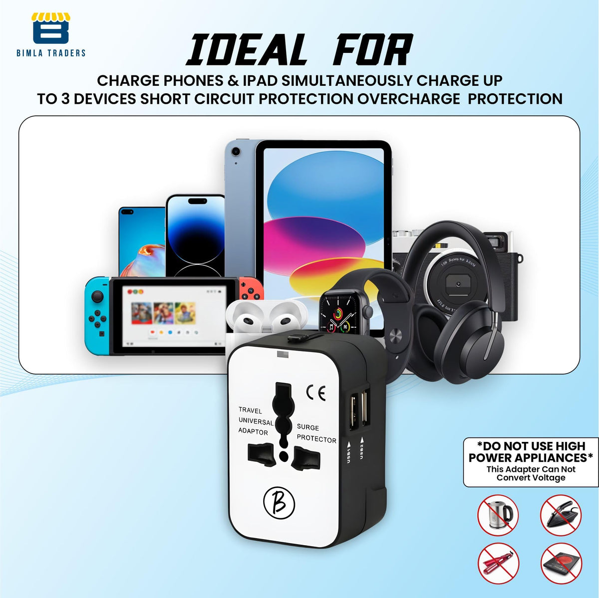 Btag Universal Travel Adapter All-in-One Worldwide Plug Adapter, International with Dual USB Ports , Multi-Country Power Outlet, Compact Adapter