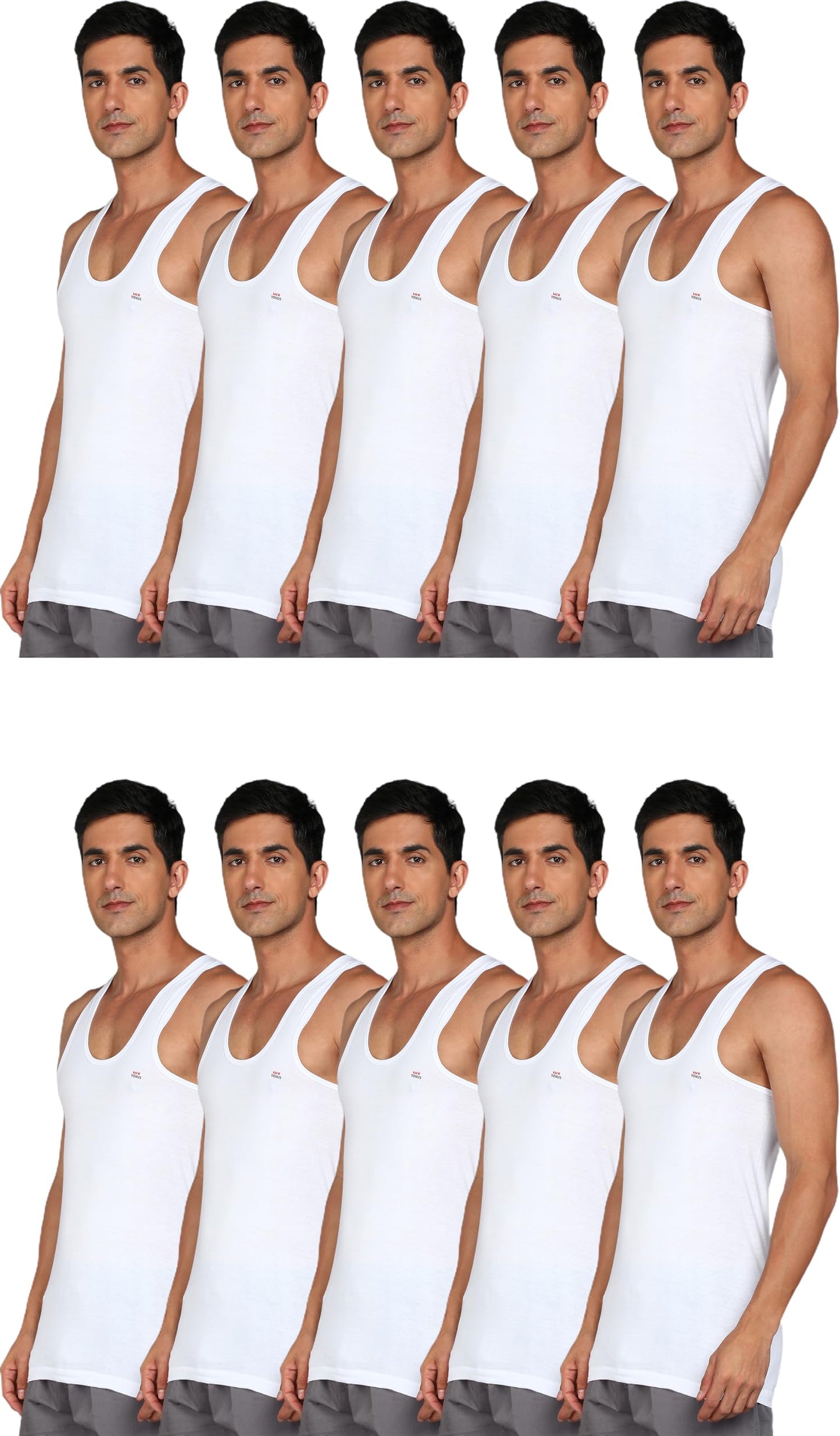 LUX VENUS Men's Round Neck Sleeveless Cotton Vest Pack of 10