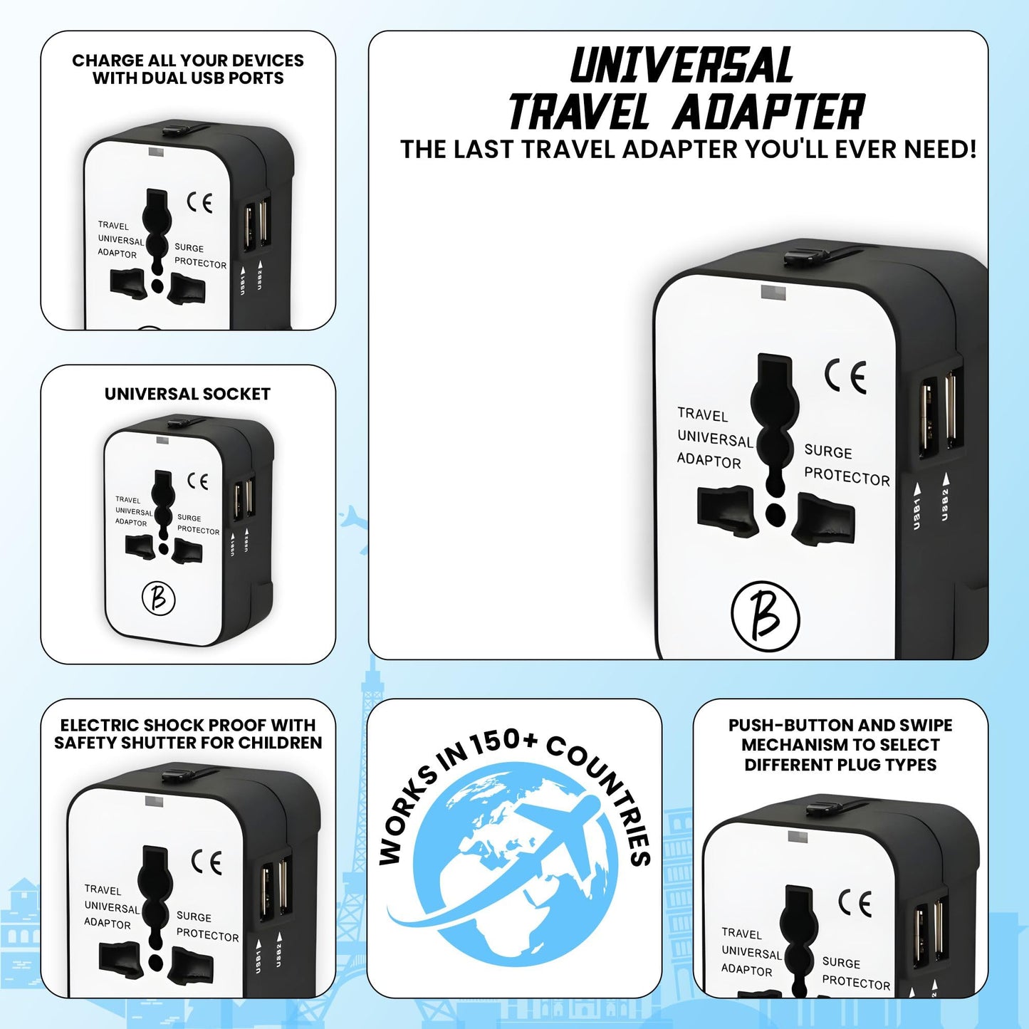Btag Universal Travel Adapter All-in-One Worldwide Plug Adapter, International with Dual USB Ports , Multi-Country Power Outlet, Compact Adapter