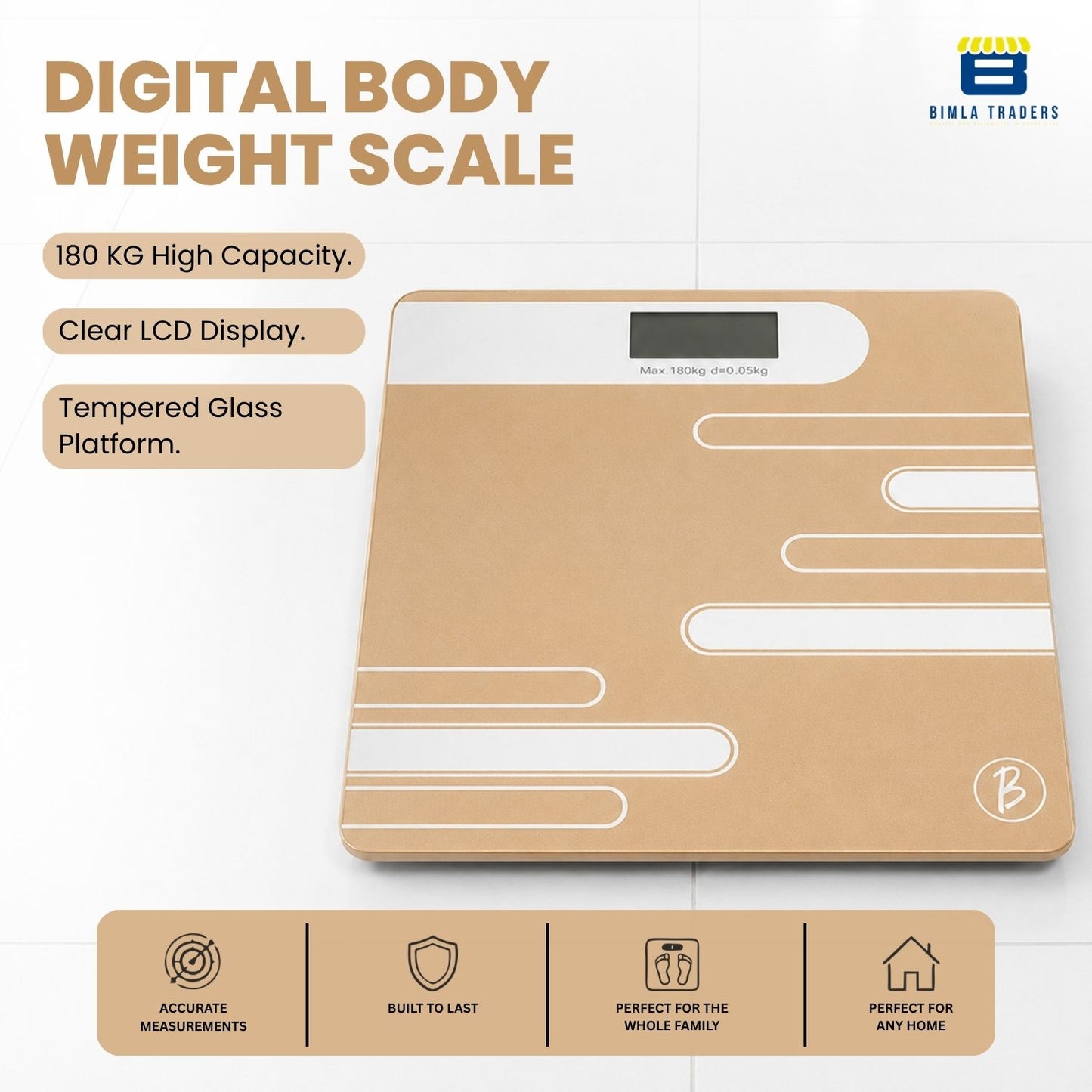 Bimla Traders Premium Digital Body Weight Scale | 26×26 cm Wide Platform | Clear LCD Display | Anti-Skid Base | 180 kg Capacity Cross Design