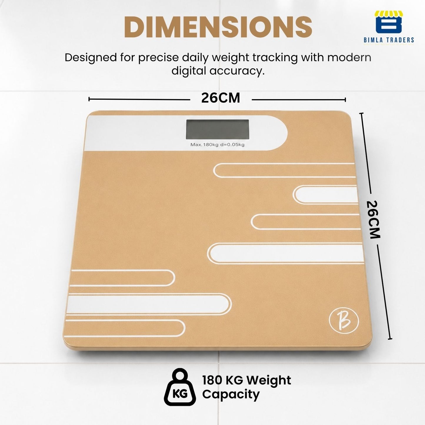 Bimla Traders Premium Digital Body Weight Scale | 26×26 cm Wide Platform | Clear LCD Display | Anti-Skid Base | 180 kg Capacity Cross Design