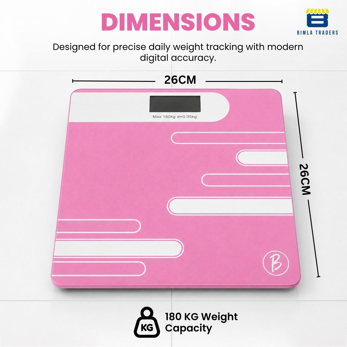 Bimla Traders Premium Digital Body Weight Scale | 26×26 cm Wide Platform | Clear LCD Display | Anti-Skid Base | 180 kg Capacity Cross Design