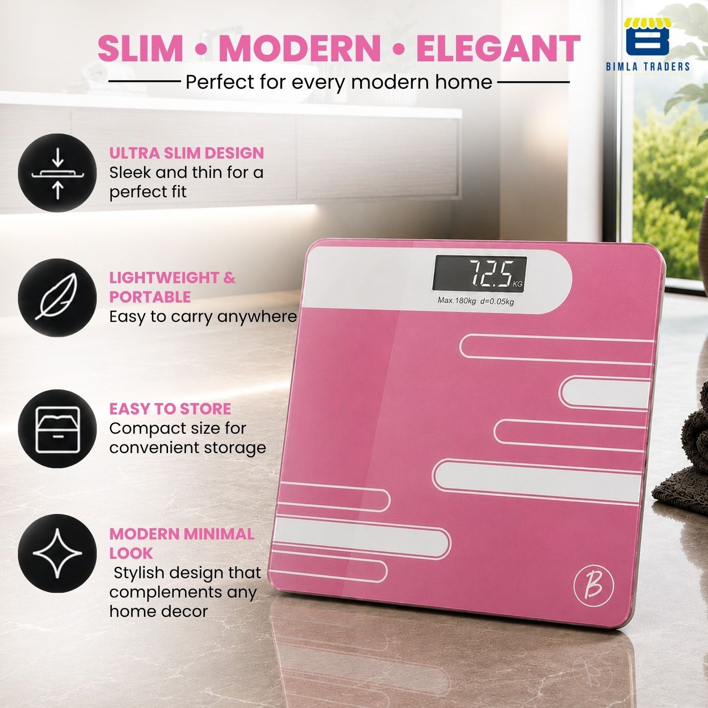Bimla Traders Premium Digital Body Weight Scale | 26×26 cm Wide Platform | Clear LCD Display | Anti-Skid Base | 180 kg Capacity Cross Design