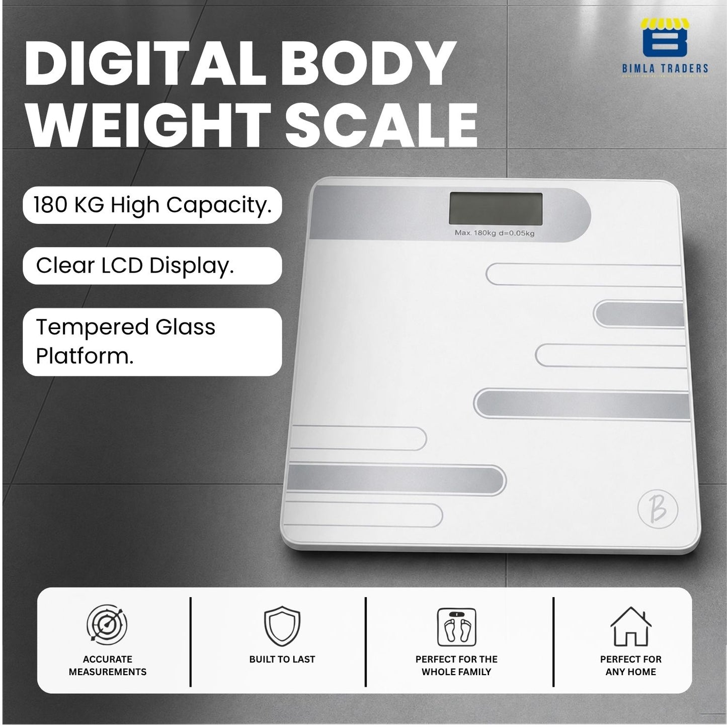 Bimla Traders Premium Digital Body Weight Scale | 26×26 cm Wide Platform | Clear LCD Display | Anti-Skid Base | 180 kg Capacity Cross Design