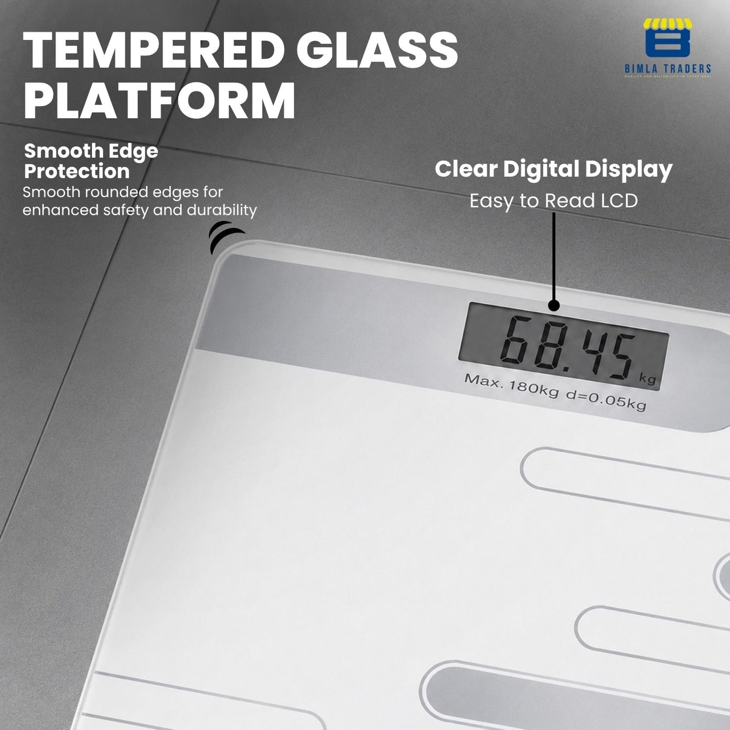 Bimla Traders Premium Digital Body Weight Scale | 26×26 cm Wide Platform | Clear LCD Display | Anti-Skid Base | 180 kg Capacity Cross Design