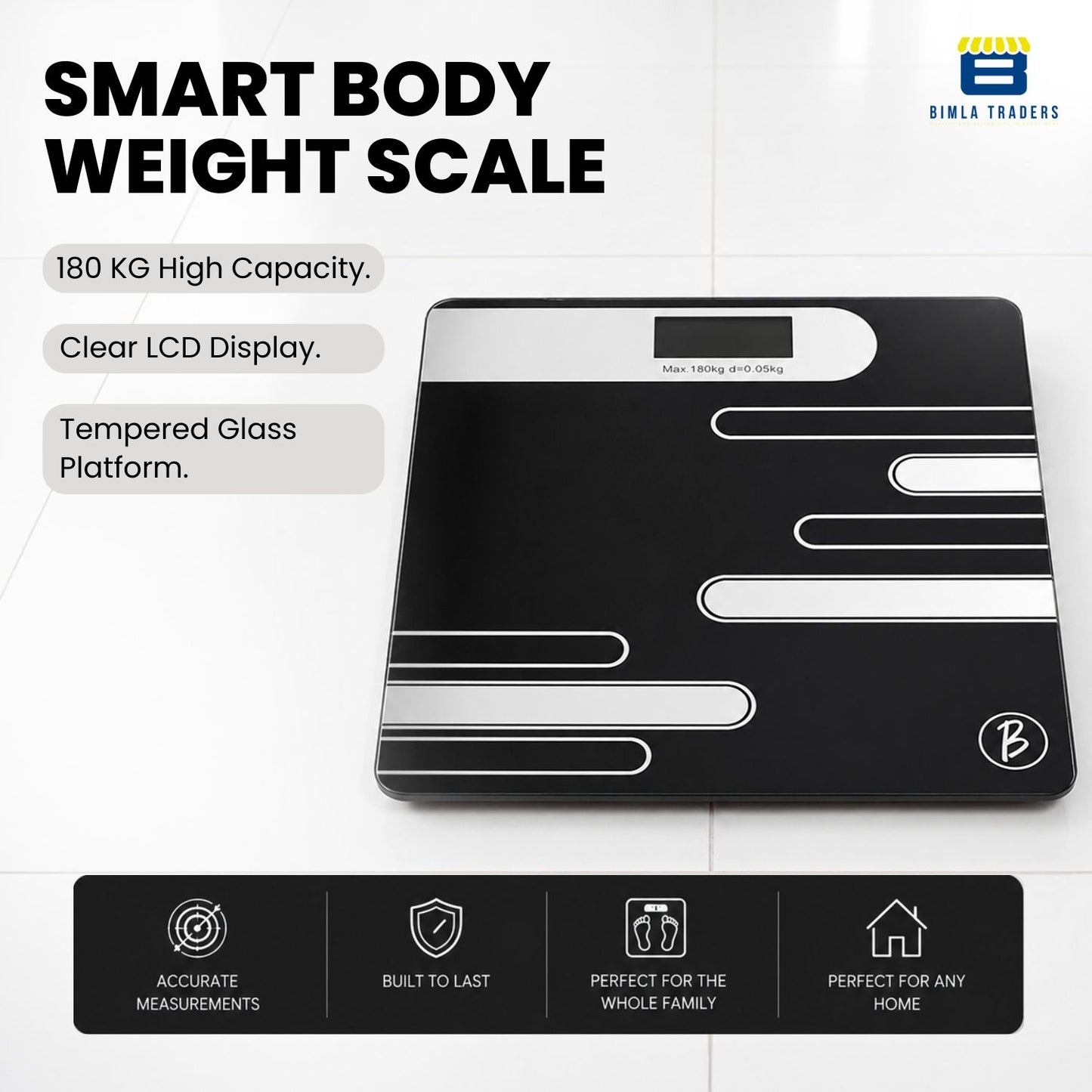 Bimla Traders Premium Digital Body Weight Scale | 26×26 cm Wide Platform | Clear LCD Display | Anti-Skid Base | 180 kg Capacity Cross Design
