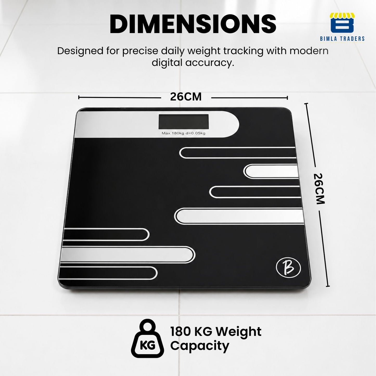 Bimla Traders Premium Digital Body Weight Scale | 26×26 cm Wide Platform | Clear LCD Display | Anti-Skid Base | 180 kg Capacity Cross Design
