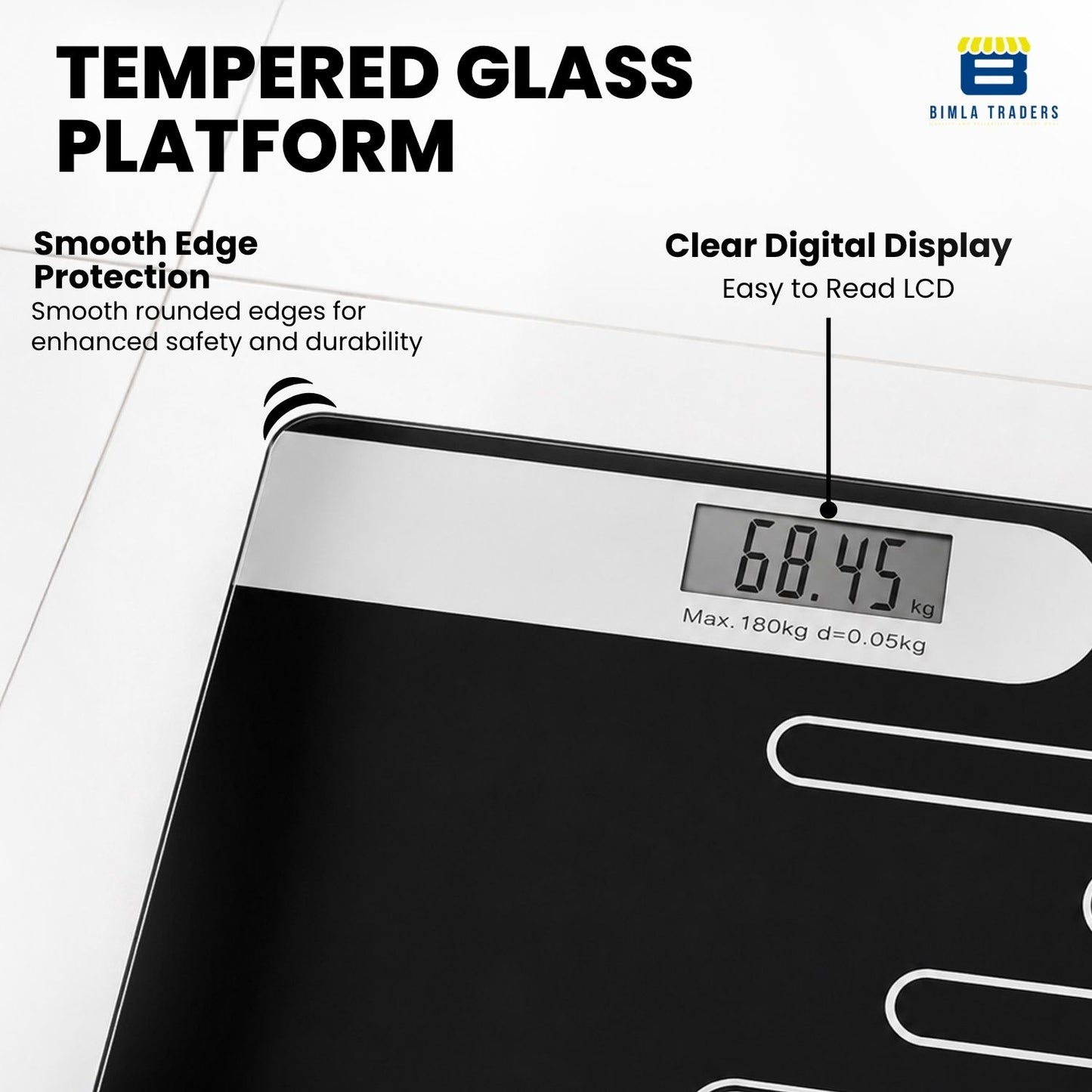 Bimla Traders Premium Digital Body Weight Scale | 26×26 cm Wide Platform | Clear LCD Display | Anti-Skid Base | 180 kg Capacity Cross Design