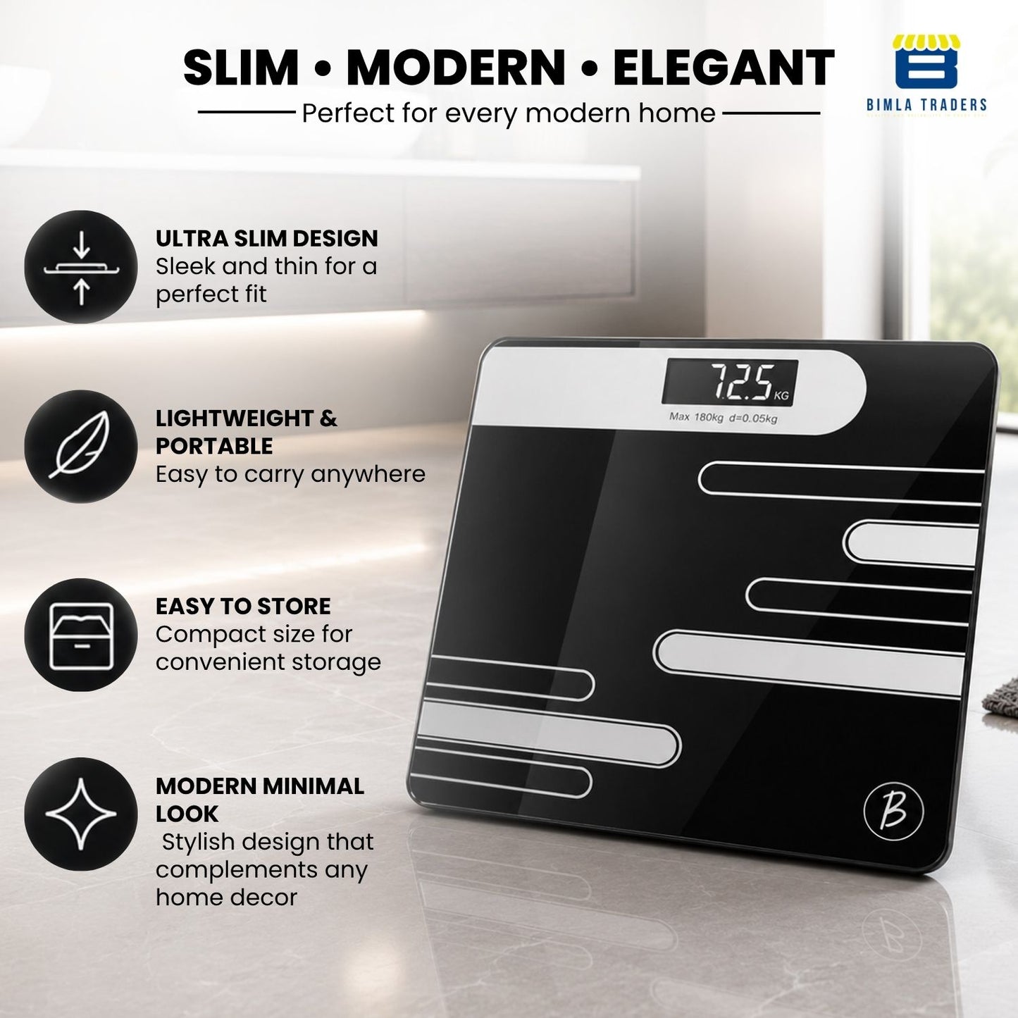 Bimla Traders Premium Digital Body Weight Scale | 26×26 cm Wide Platform | Clear LCD Display | Anti-Skid Base | 180 kg Capacity Cross Design