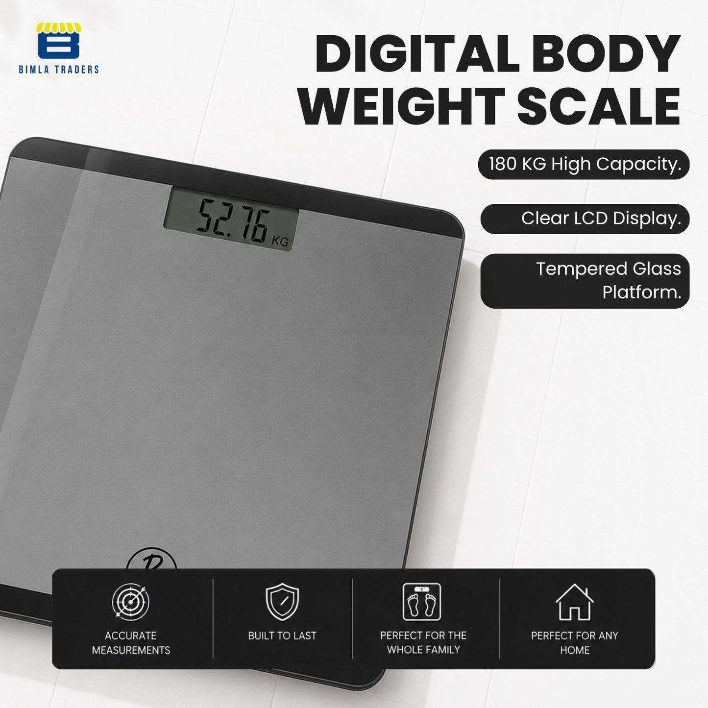 Bimla Traders Premium Digital Body Weight Scale | 26×26 cm Wide Platform | Clear LCD Display | Anti-Skid Base | 180 kg Capacity Cross Design