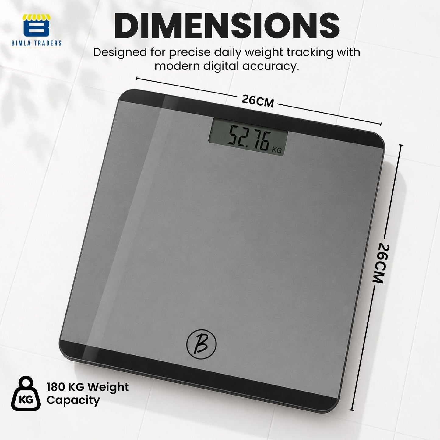 Bimla Traders Premium Digital Body Weight Scale | 26×26 cm Wide Platform | Clear LCD Display | Anti-Skid Base | 180 kg Capacity Cross Design