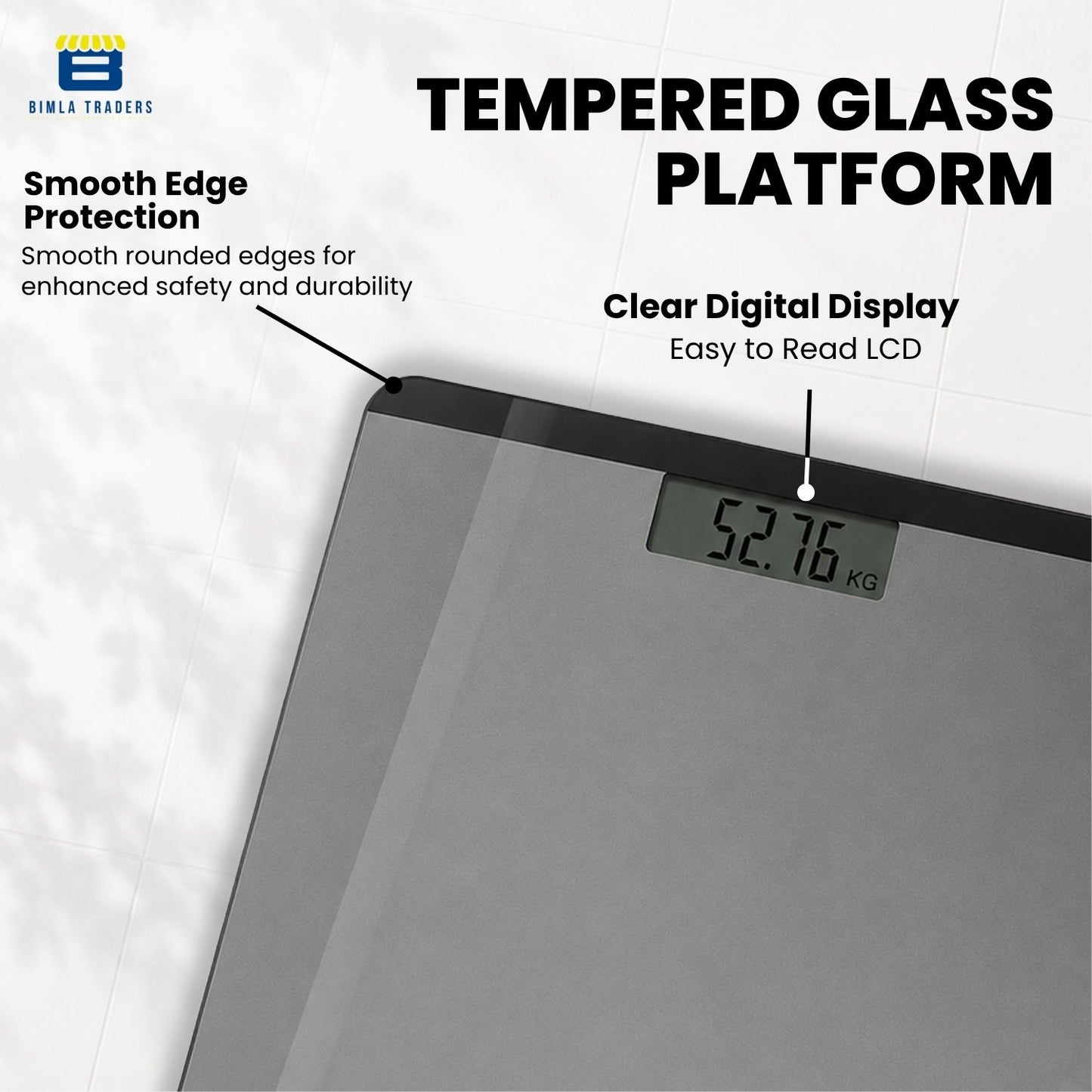 Bimla Traders Premium Digital Body Weight Scale | 26×26 cm Wide Platform | Clear LCD Display | Anti-Skid Base | 180 kg Capacity Cross Design