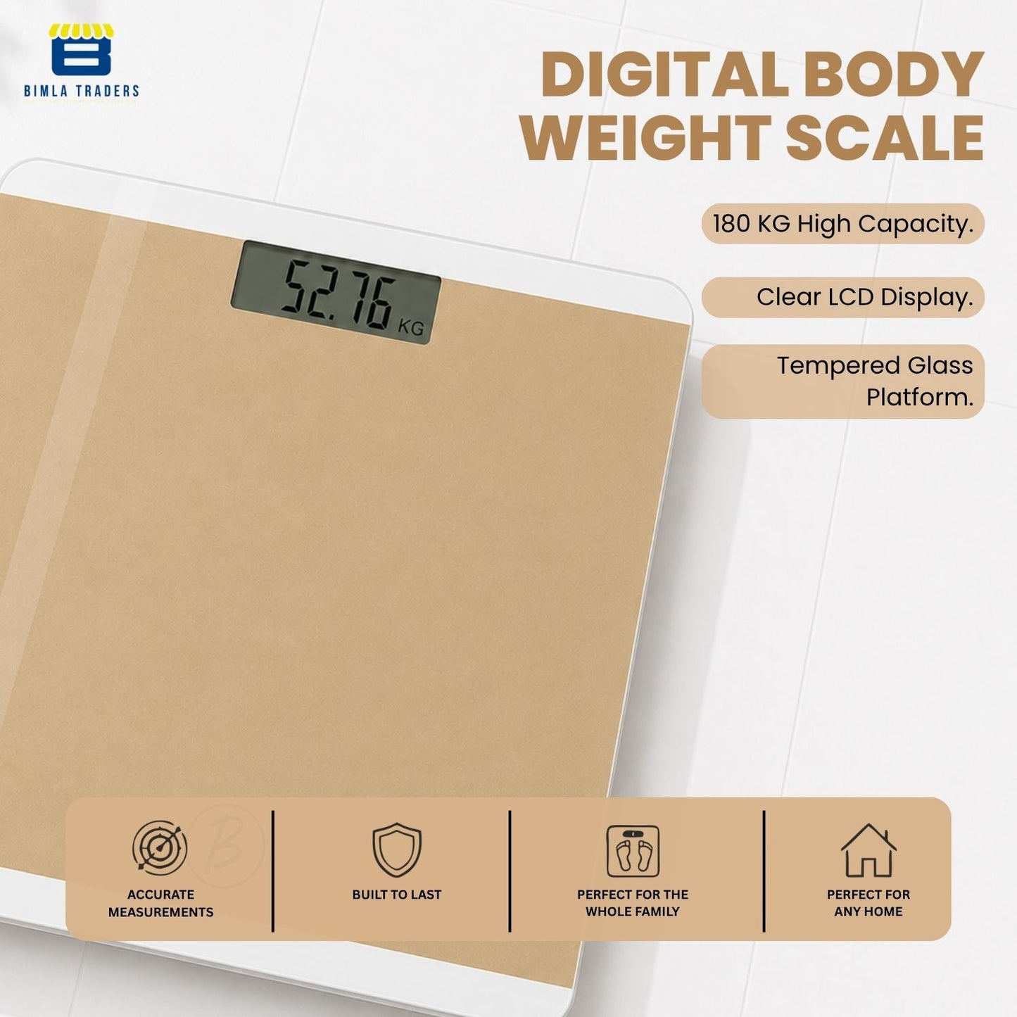 Bimla Traders Premium Digital Body Weight Scale | 26×26 cm Wide Platform | Clear LCD Display | Anti-Skid Base | 180 kg Capacity Cross Design
