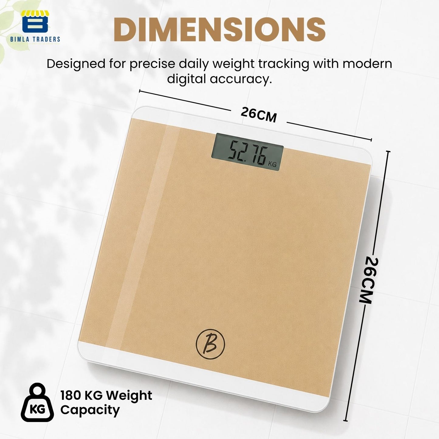 Bimla Traders Premium Digital Body Weight Scale | 26×26 cm Wide Platform | Clear LCD Display | Anti-Skid Base | 180 kg Capacity Cross Design