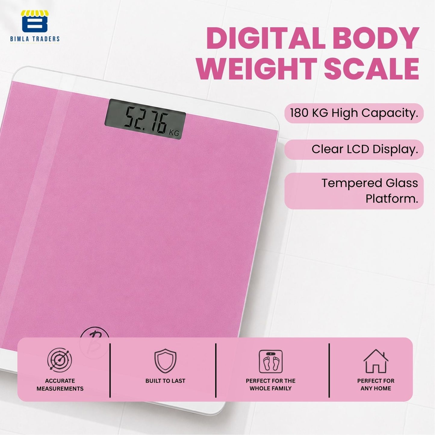 Bimla Traders Premium Digital Body Weight Scale | 26×26 cm Wide Platform | Clear LCD Display | Anti-Skid Base | 180 kg Capacity Cross Design