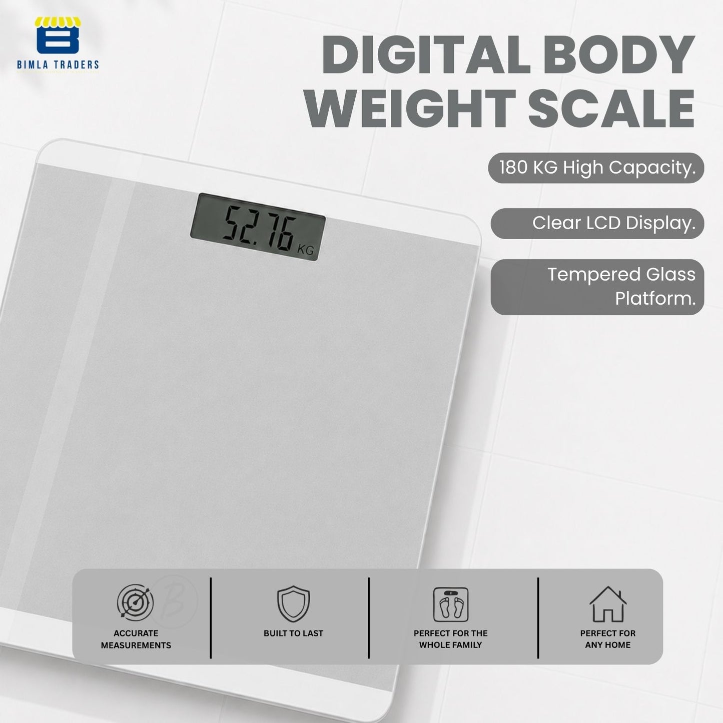 Bimla Traders Premium Digital Body Weight Scale | 26×26 cm Wide Platform | Clear LCD Display | Anti-Skid Base | 180 kg Capacity Cross Design