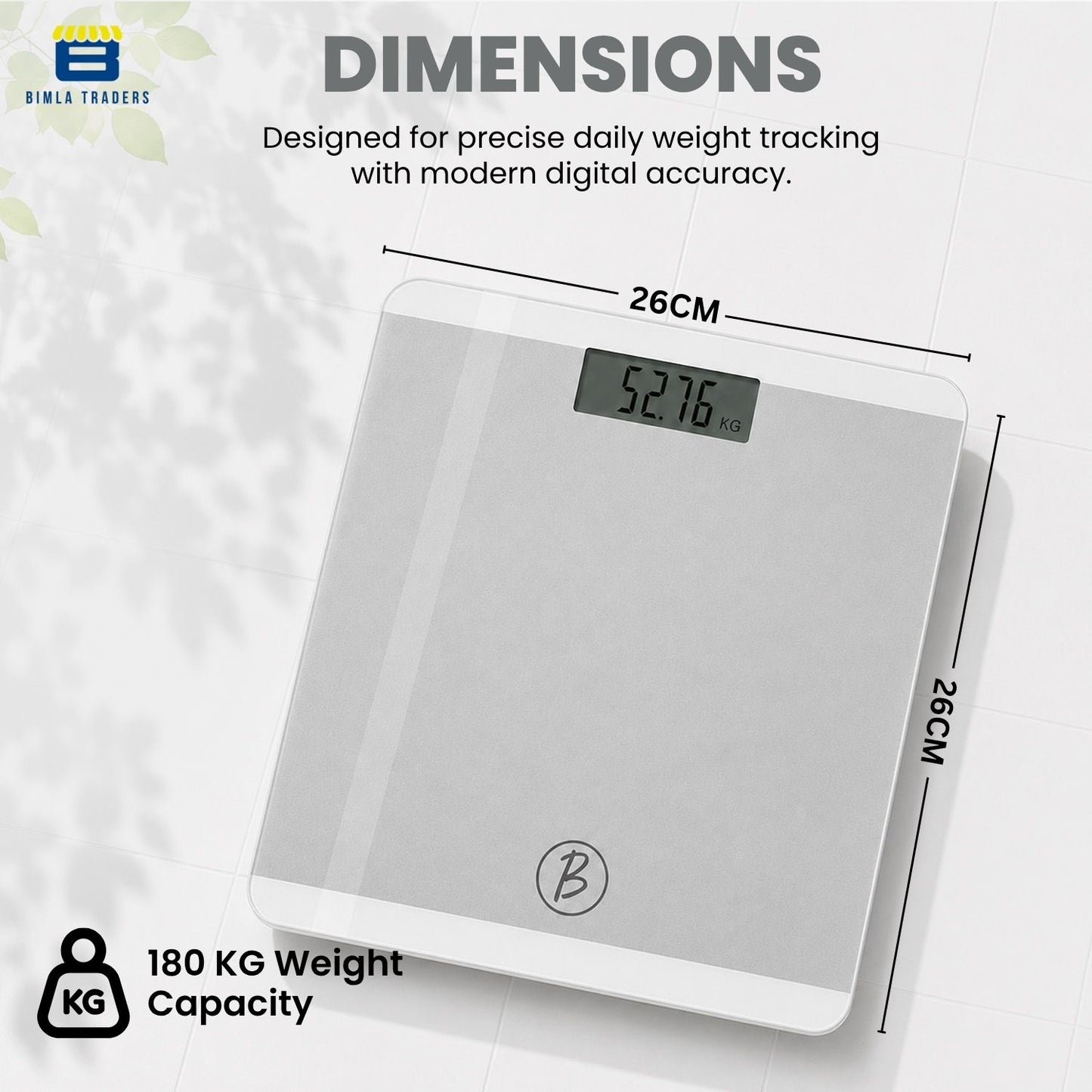 Bimla Traders Premium Digital Body Weight Scale | 26×26 cm Wide Platform | Clear LCD Display | Anti-Skid Base | 180 kg Capacity Cross Design