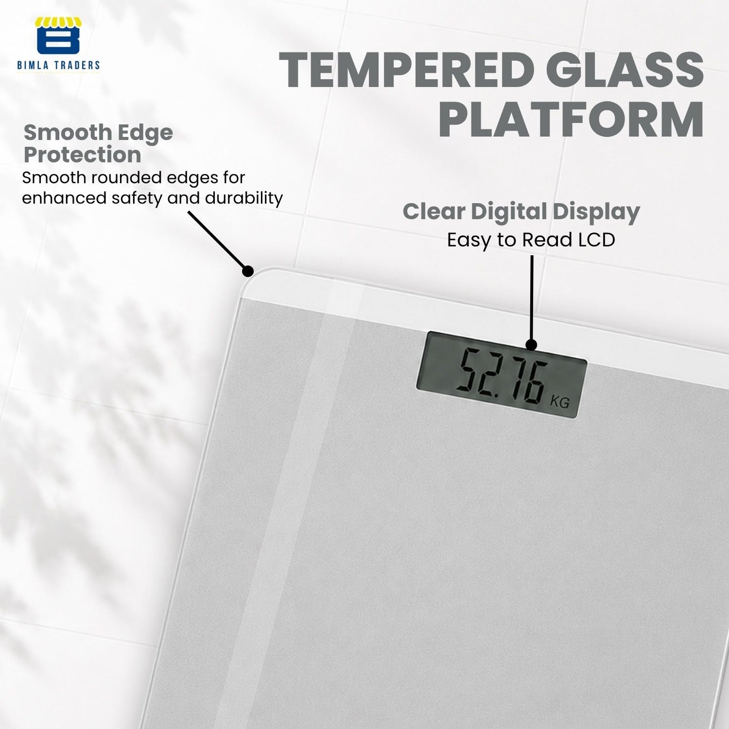Bimla Traders Premium Digital Body Weight Scale | 26×26 cm Wide Platform | Clear LCD Display | Anti-Skid Base | 180 kg Capacity Cross Design