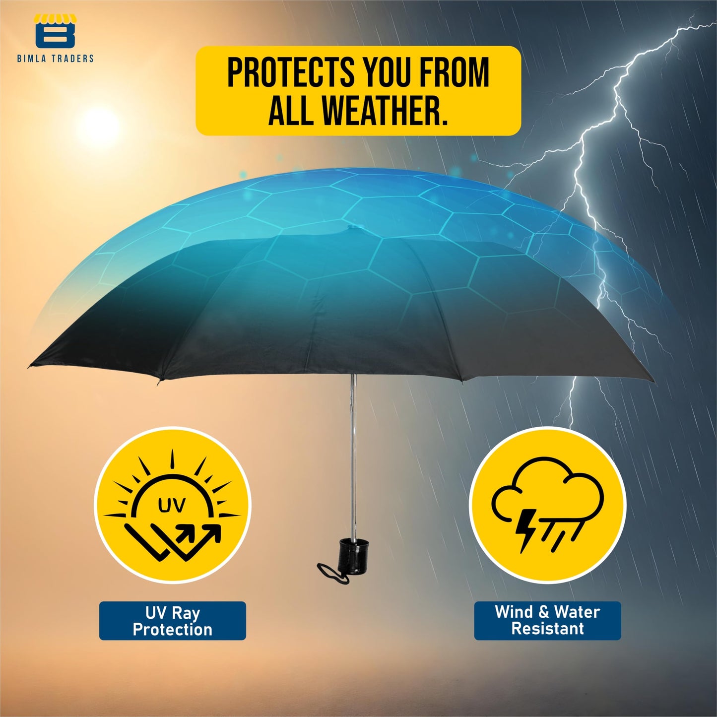 Bimla Traders Round Handle 3 Fold Small size Black Portable Umbrella for Men Women & Kids | UV Protection, Waterproof, Rain, Sunlight Protection