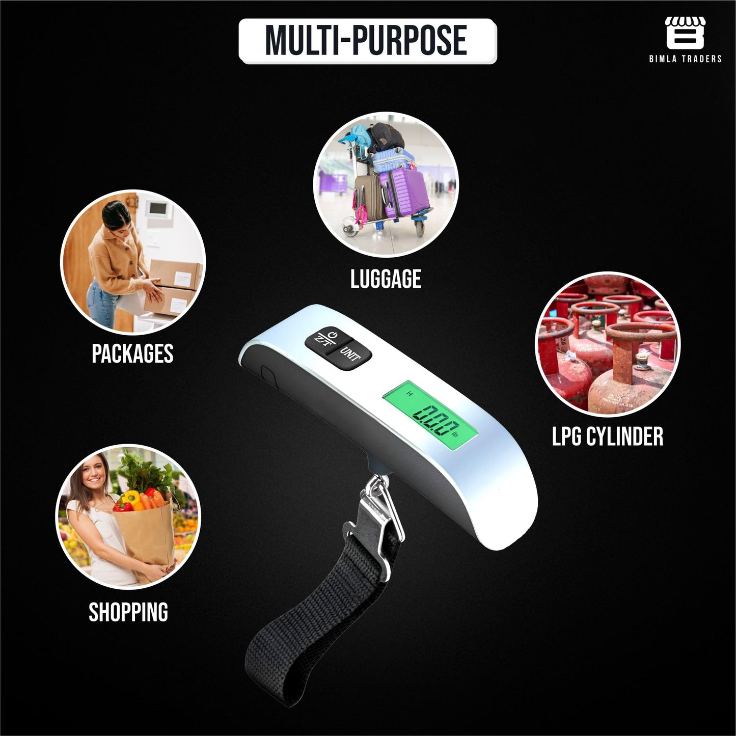 Bimla Traders Electronic Portable Digital LED Screen Luggage Weighing Scale|Handheld Travel Weight Measuring Scale for Suitcases, Bags&Baggage, 50 kg/110 Lb For Multi-Purpose Use. Pack of 1 (JY-29)