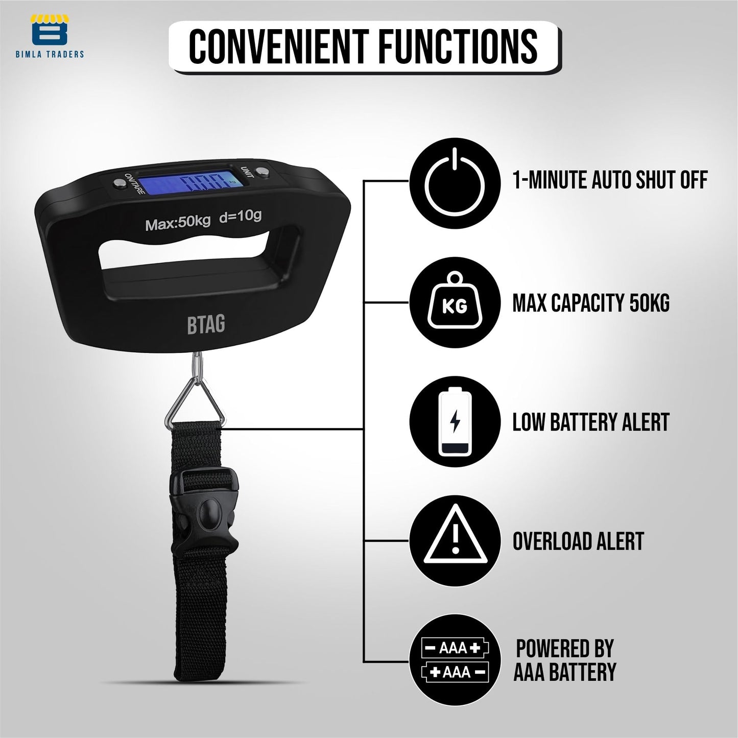 Bimla Traders Electronic Portable Digital LED Screen Luggage Weighing Scale|Handheld Travel Weight Measuring Scale for Suitcases, Bags&Baggage,50 kg/110 Lb For Multi-Purpose Use Pack of 1 (A09)