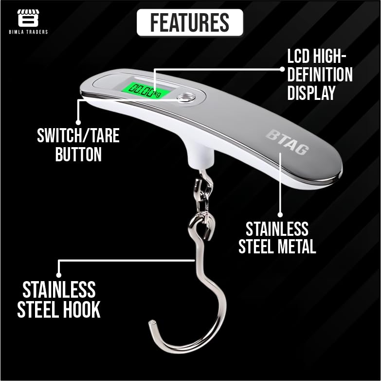 Bimla Traders Electronic Portable Digital LED Screen Luggage Weighing Scale|Handheld Travel Weight Measuring Scale for Suitcases, Bags&Baggage, 50 kg/110 Lb For Multi-Purpose Use. Pack of 1 (JY-26)