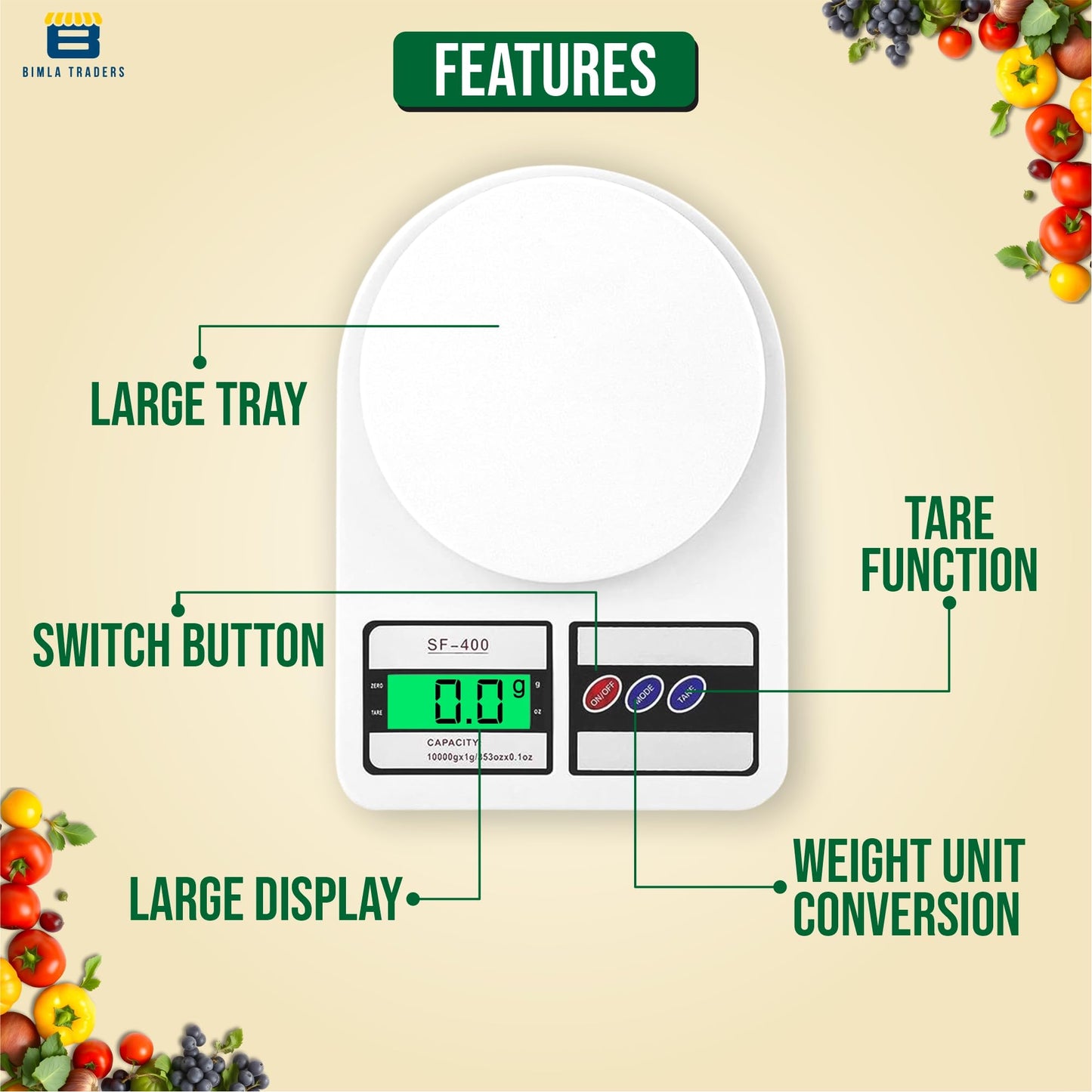 Bimla Traders Digital Kitchen Food Weighing Scale For Healthy Living, Home Baking, Cooking, Fitness & Balanced Diet.