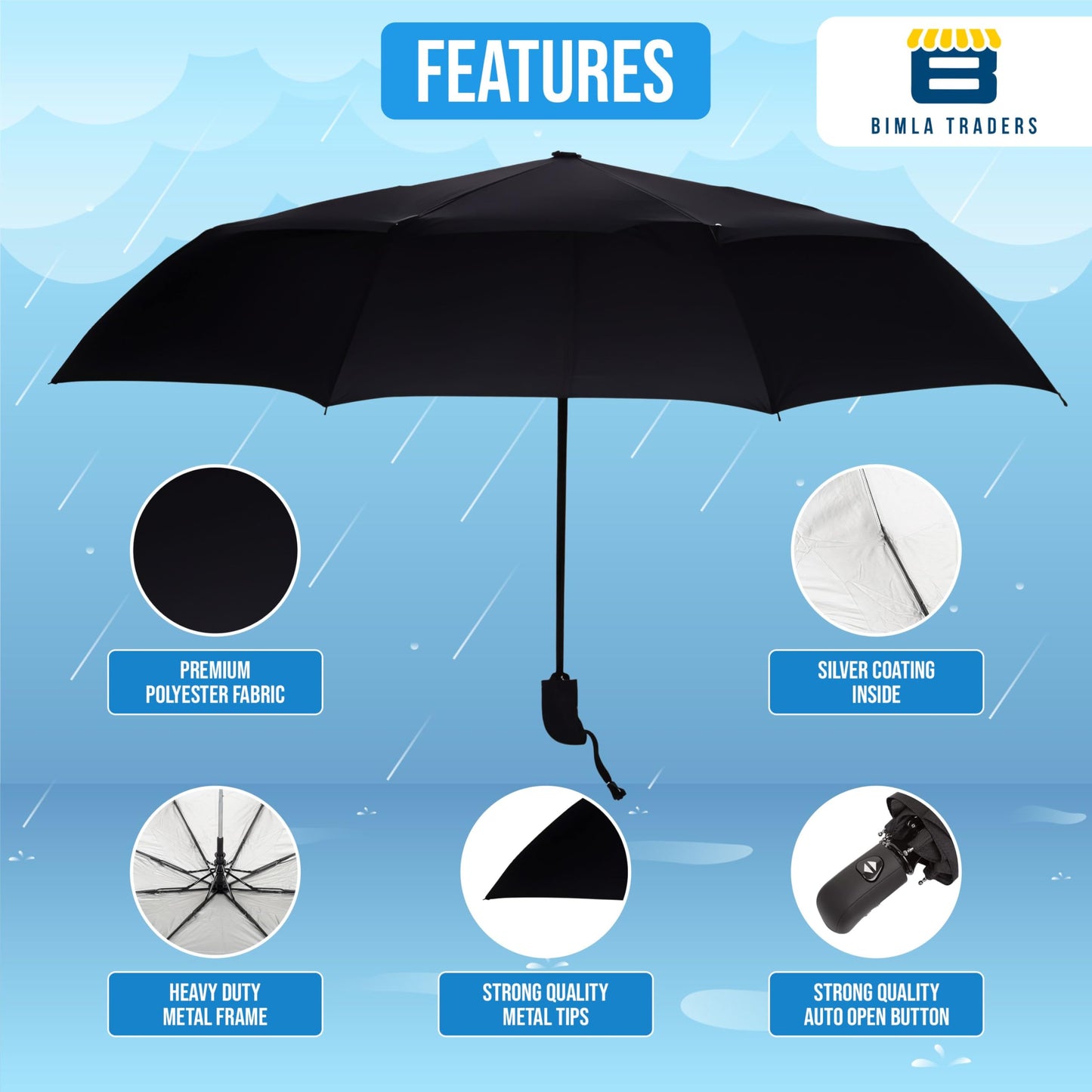 Bimla Traders J-Handle 3 Fold Small size Portable Auto Open Umbrella for Men Women & Kids | UV Protection, Waterproof, Rain, Sunlight Protection | Pack of 1 |
