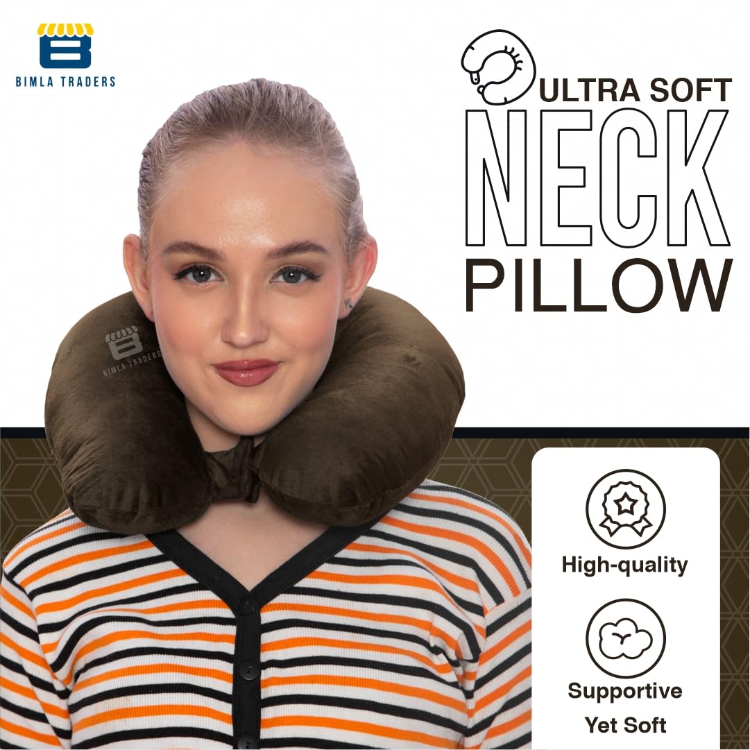 Bimla Traders Travel Neck Pillow for Men & Women | Soft Fibre Cushion for Flight, Car & Train | Soft Velvet Fabric with Attachable Snap Strap | Cervical Support for Neck Pain Relief. Pack of 1