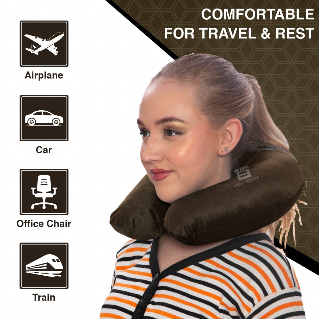 Bimla Traders Travel Neck Pillow for Men & Women | Soft Fibre Cushion for Flight, Car & Train | Soft Velvet Fabric with Attachable Snap Strap | Cervical Support for Neck Pain Relief. Pack of 1