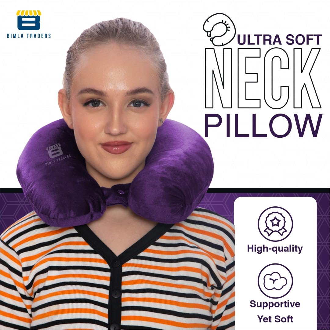 Bimla Traders Travel Neck Pillow for Men & Women | Soft Fibre Cushion for Flight, Car & Train | Soft Velvet Fabric with Attachable Snap Strap | Cervical Support for Neck Pain Relief. Pack of 1