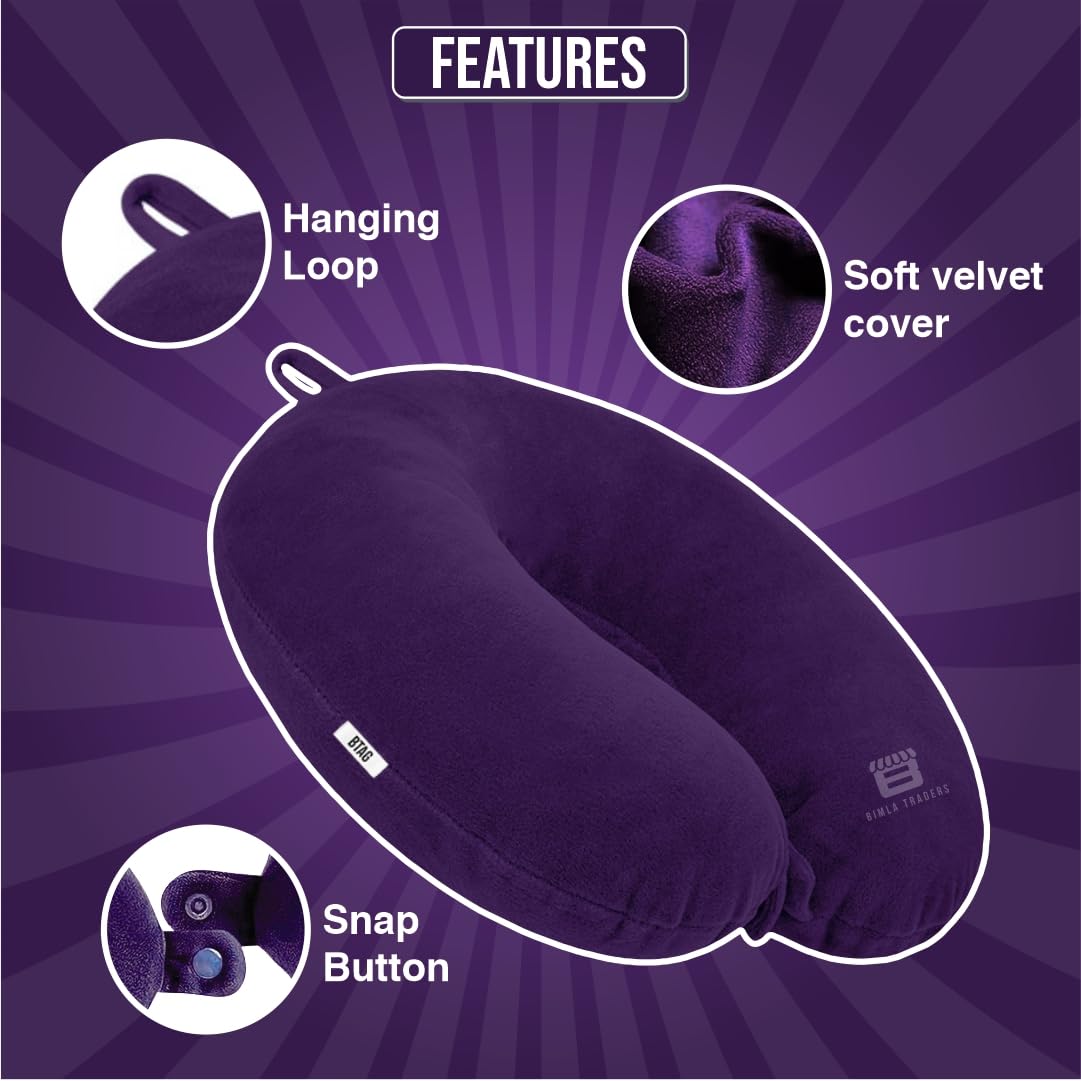 Bimla Traders Travel Neck Pillow for Men & Women | Soft Fibre Cushion for Flight, Car & Train | Soft Velvet Fabric with Attachable Snap Strap | Cervical Support for Neck Pain Relief. Pack of 1