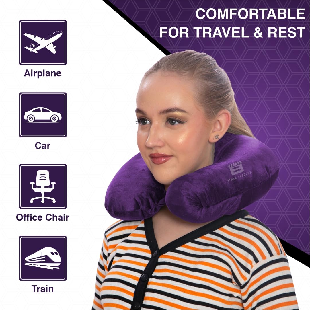 Bimla Traders Travel Neck Pillow for Men & Women | Soft Fibre Cushion for Flight, Car & Train | Soft Velvet Fabric with Attachable Snap Strap | Cervical Support for Neck Pain Relief. Pack of 1
