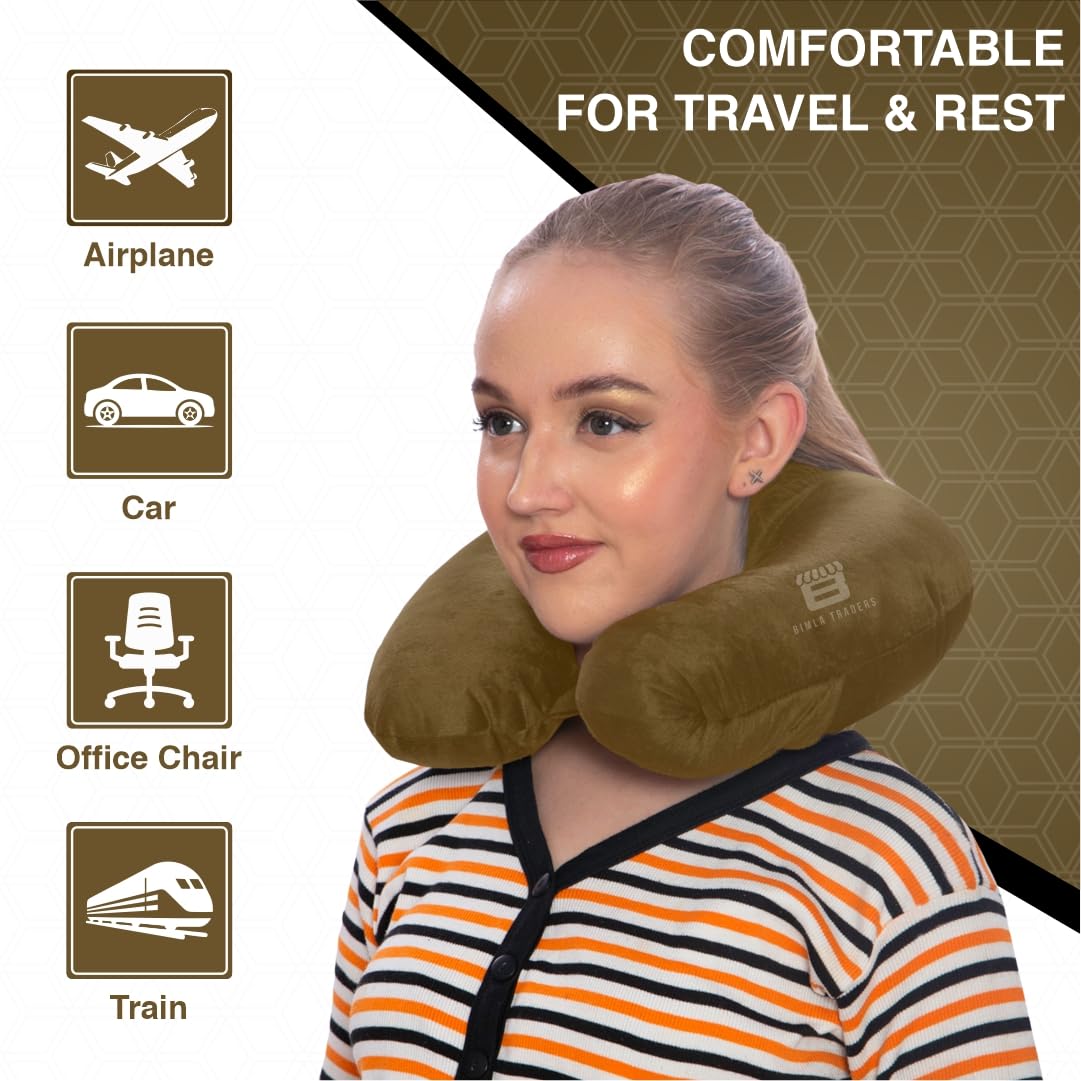 Bimla Traders Travel Neck Pillow for Men & Women | Soft Fibre Cushion for Flight, Car & Train | Soft Velvet Fabric with Attachable Snap Strap | Cervical Support for Neck Pain Relief. Pack of 1