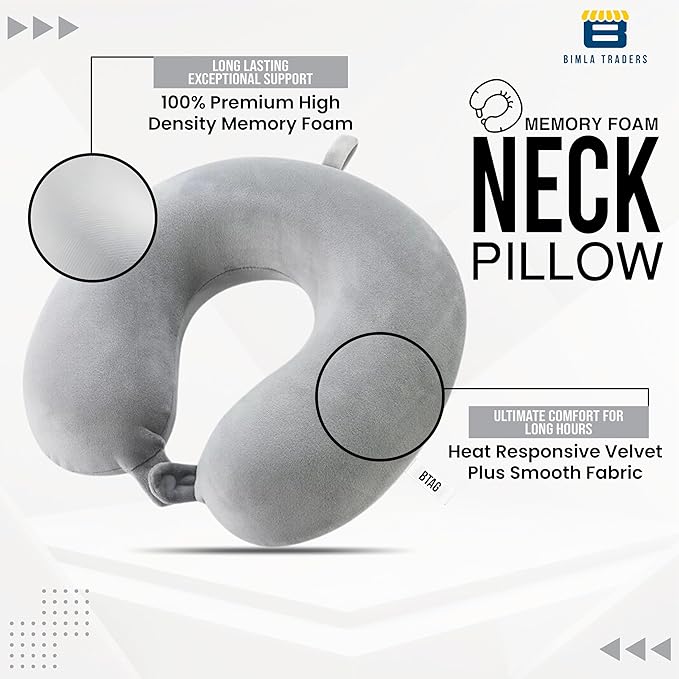 Btag Premium Memory Foam Neck Pillow for Travel, Sleep & Support - Soft & Comfortable - Ideal for Home, Office & Car Use