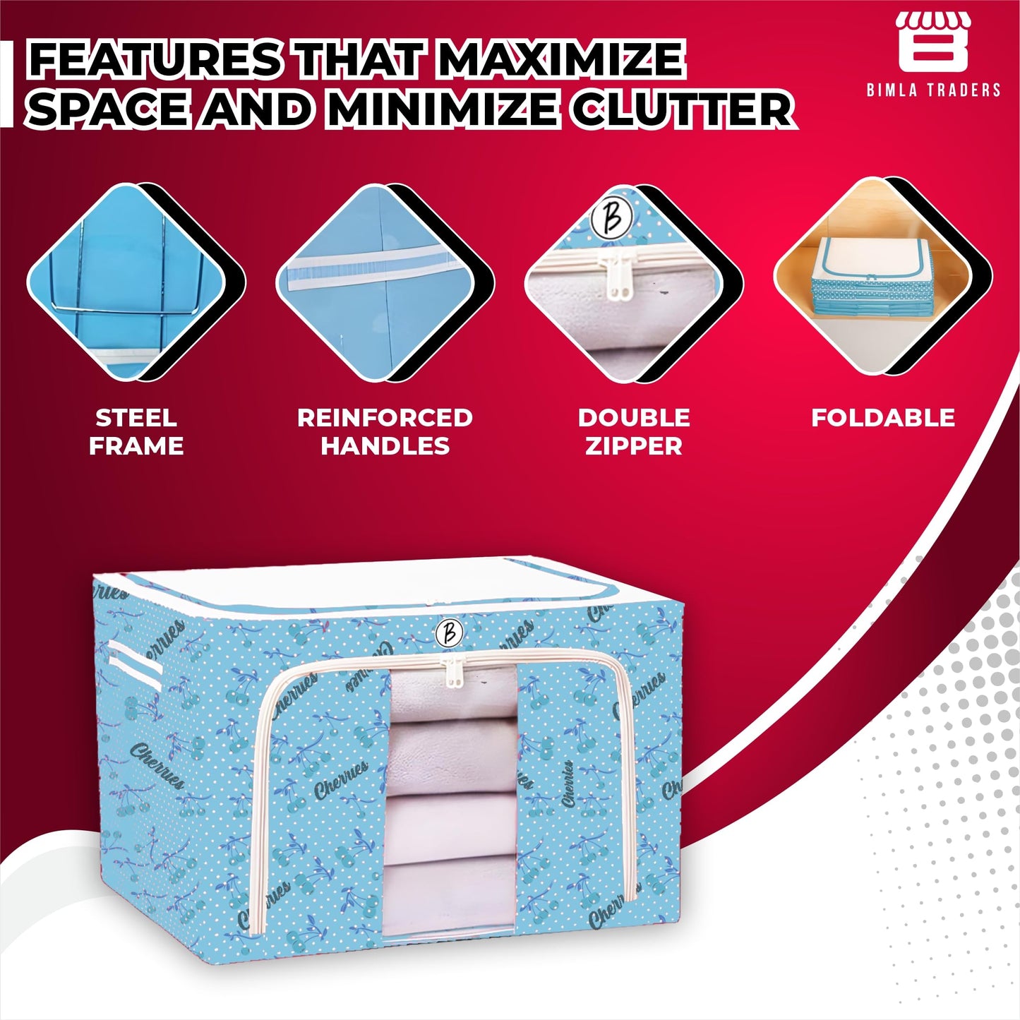 CRAE Clothes, Foldable Clothes Storage Baskets for Wardrobe, Books, Saree, Shirts, Stationery Paper, Document Toy,and Blankets Storage Box with Handles|Printed Assorted | 66 Liter |