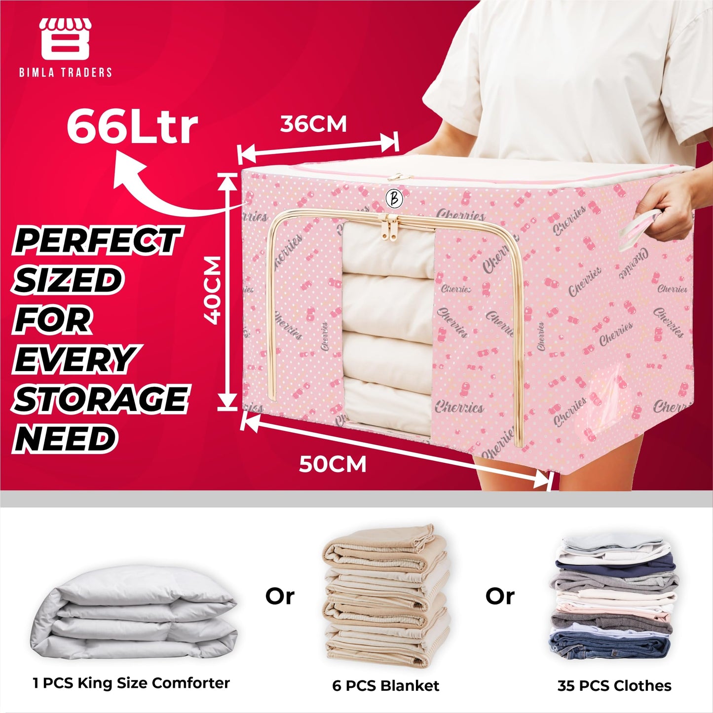 CRAE Clothes, Foldable Clothes Storage Baskets for Wardrobe, Books, Saree, Shirts, Stationery Paper, Document Toy,and Blankets Storage Box with Handles|Printed Assorted | 66 Liter |