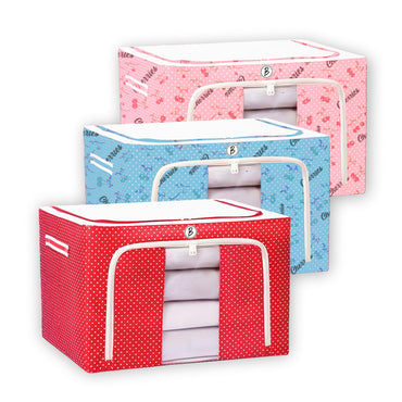 CRAE Clothes, Foldable Clothes Storage Baskets for Wardrobe, Books, Saree, Shirts, Stationery Paper, Document Toy,and Blankets Storage Box with Handles|Printed Assorted | 66 Liter |