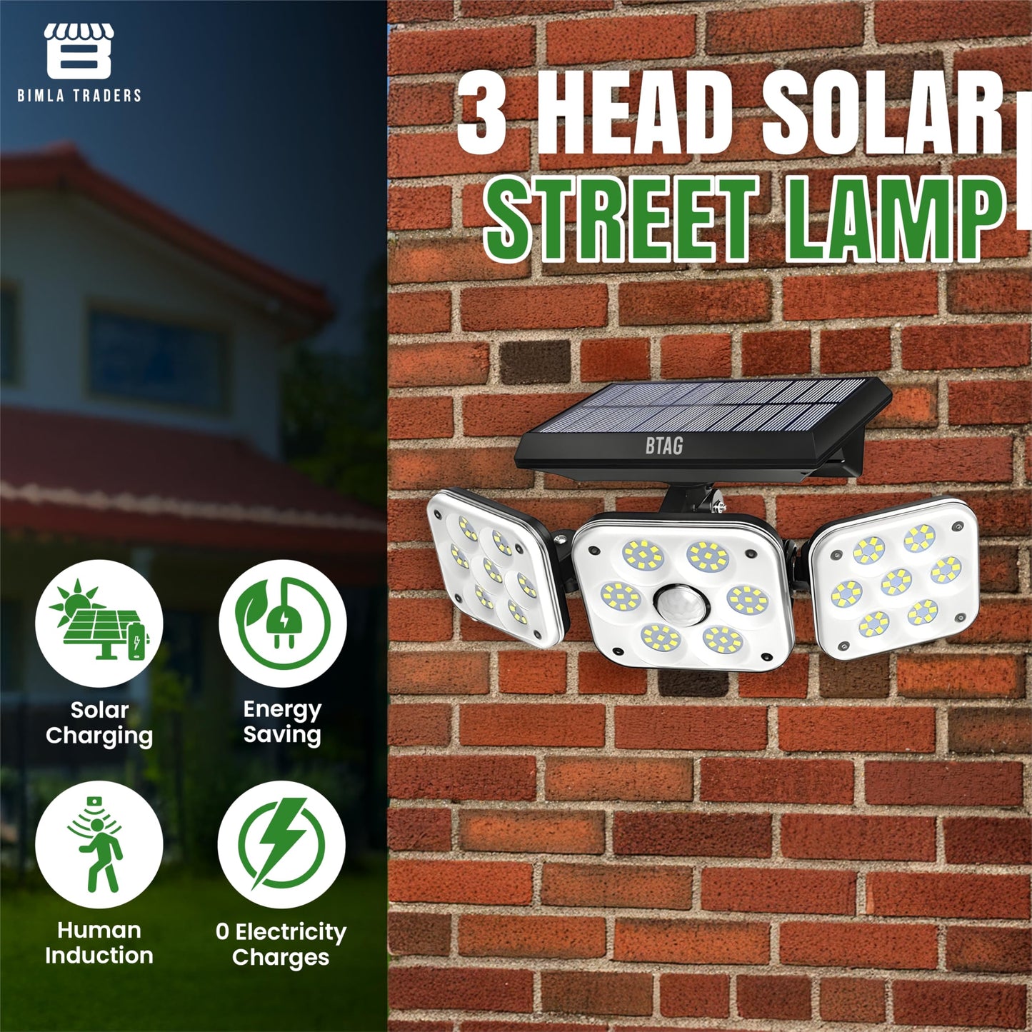 Bimla Traders Outdoor Solar Light with Motion Sensor - Waterproof 3 Adjustable Heads Ideal for Garden, Pathways and Driveways.