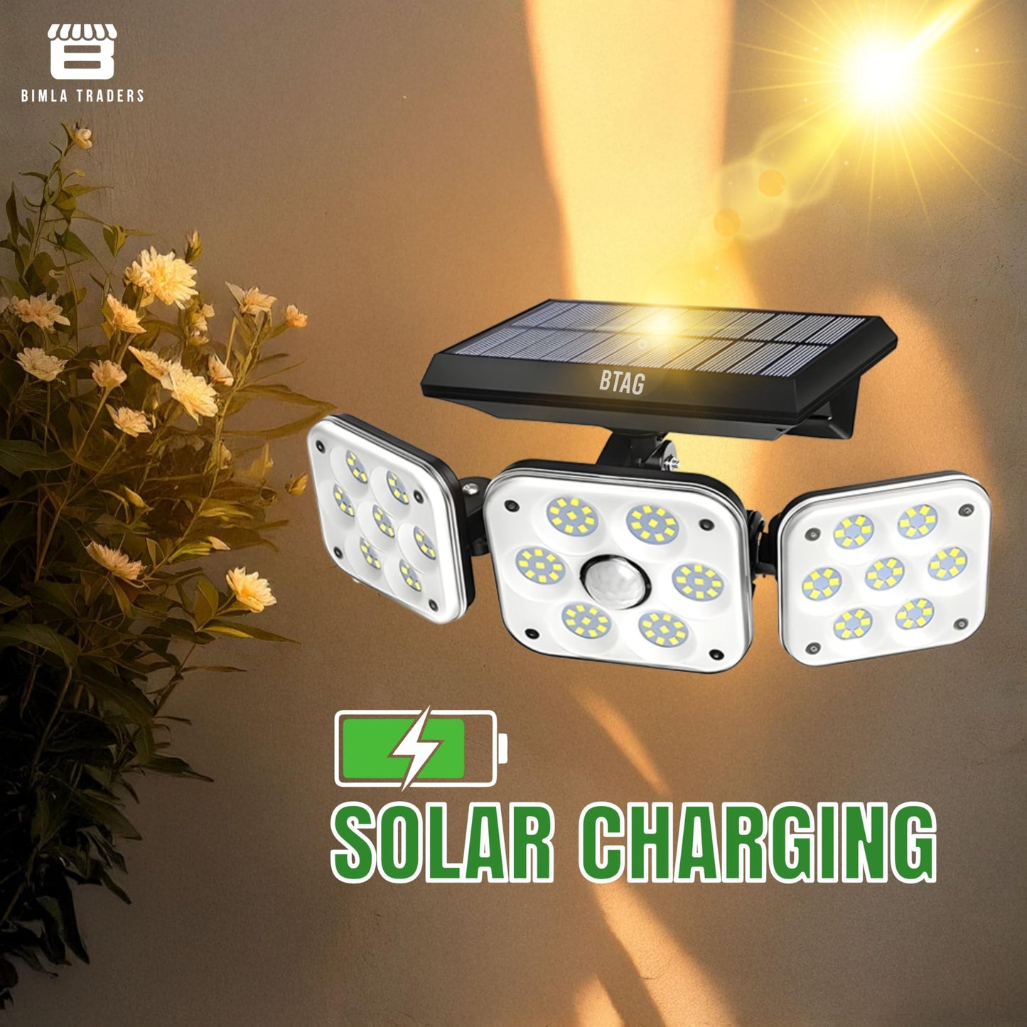 Bimla Traders Outdoor Solar Light with Motion Sensor - Waterproof 3 Adjustable Heads Ideal for Garden, Pathways and Driveways.