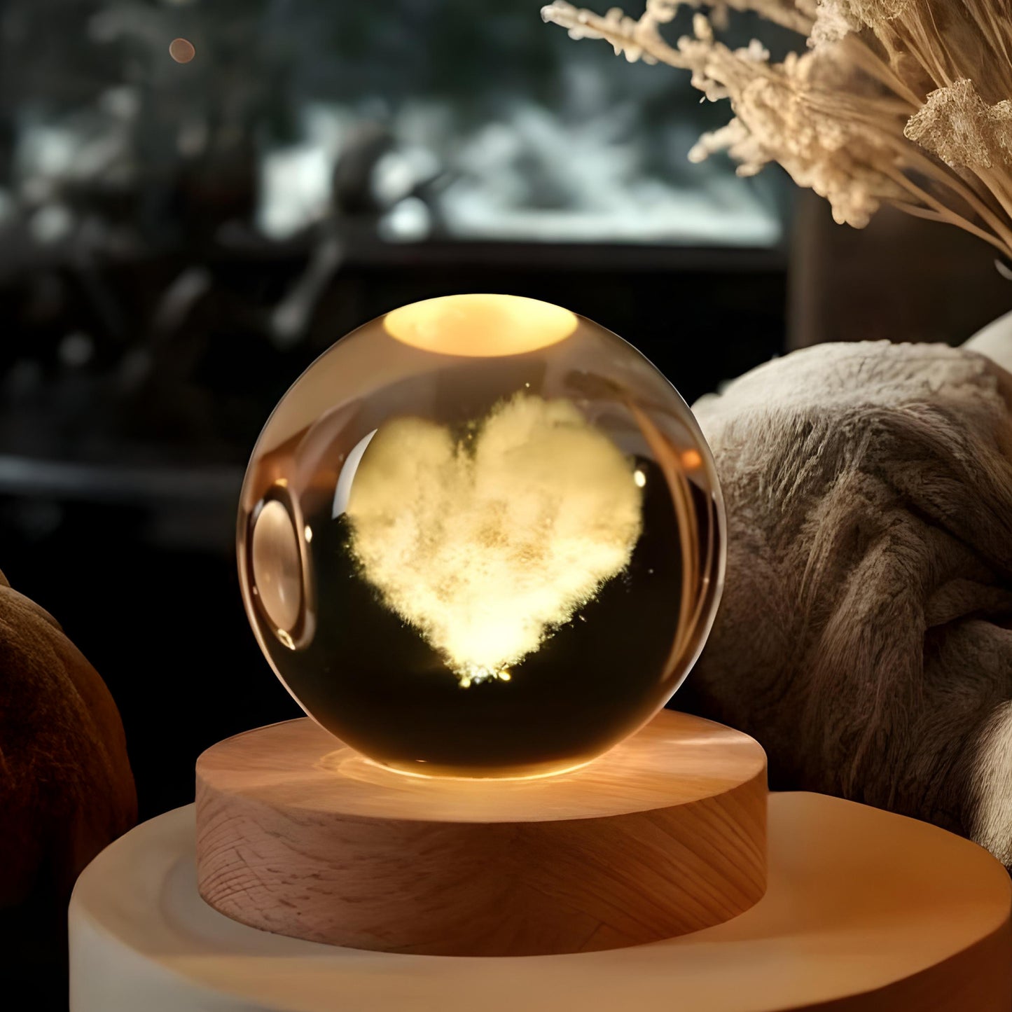 CRAE 3D Love Heart Crystal Ball Night Lamp for Couple, Light Lamp with Wooden Base for Lovers, Mothers Day, Birthday (Love Heart)