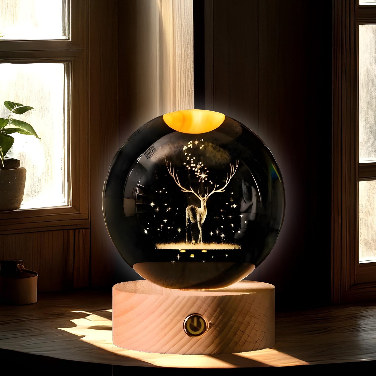 CRAE 3D Deer Crystal Ball Night Lamp, LED Glass Ball Table Lamp with Wooden Base for Home Decor, Office, Birthday Gift (Deer)